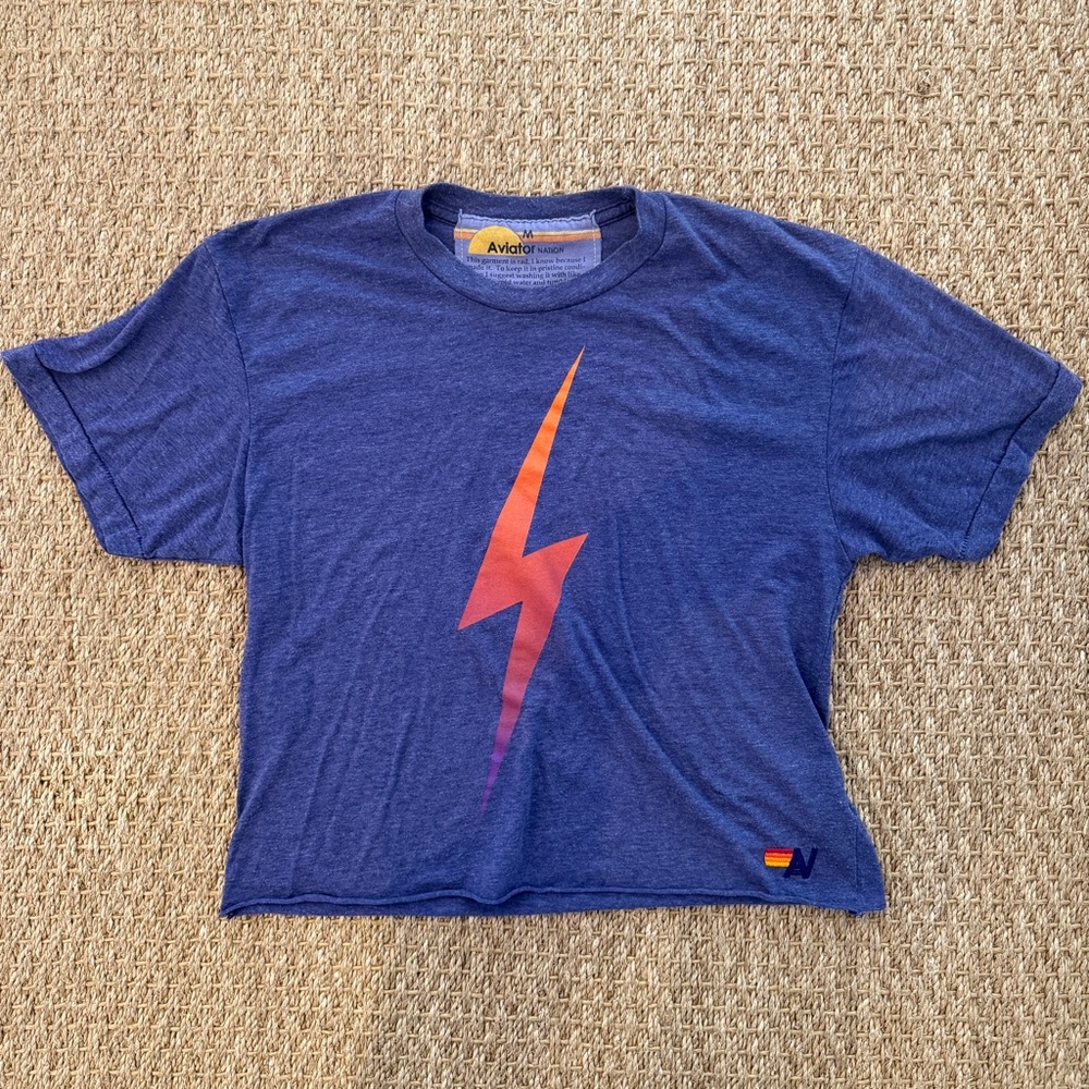 Aviator Nation Bolt Boyfriend Tee -Heathered Purple with Red/Orange Bolt. Size M